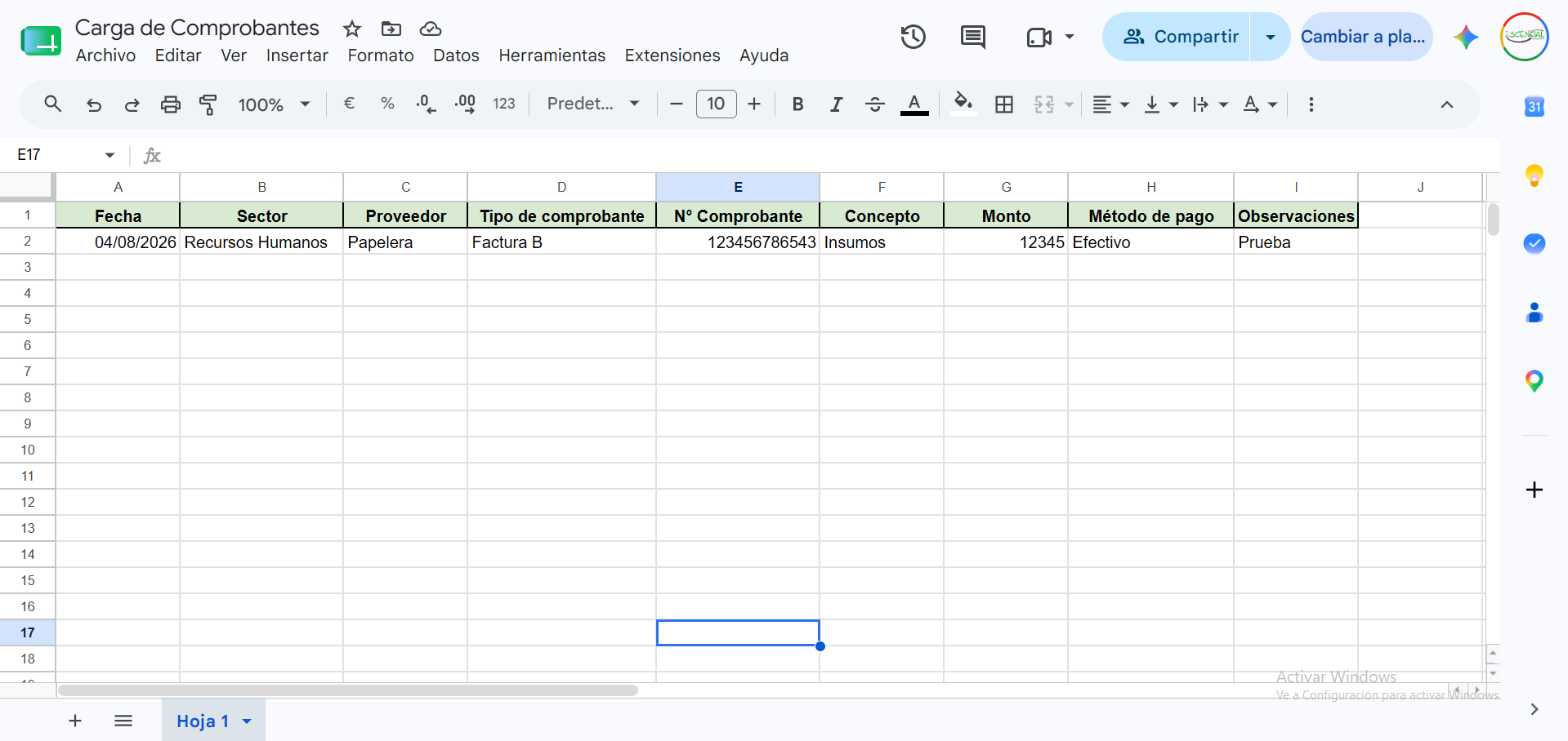 Comprobante de prueba cargado con éxito en la Google Sheet